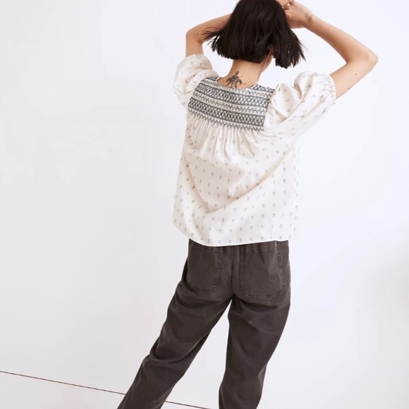 EUC Madewell Embroidered Yoke Top in clip dot Blouse V-Neck Size Large - Picture 5 of 12